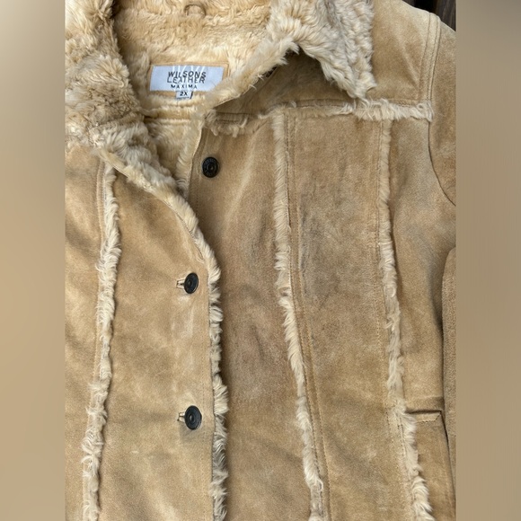 LEATHER Coat Women size 2X Penny Lane Genuine Suede Sherpa lining Beige WILSONS - Picture 6 of 13